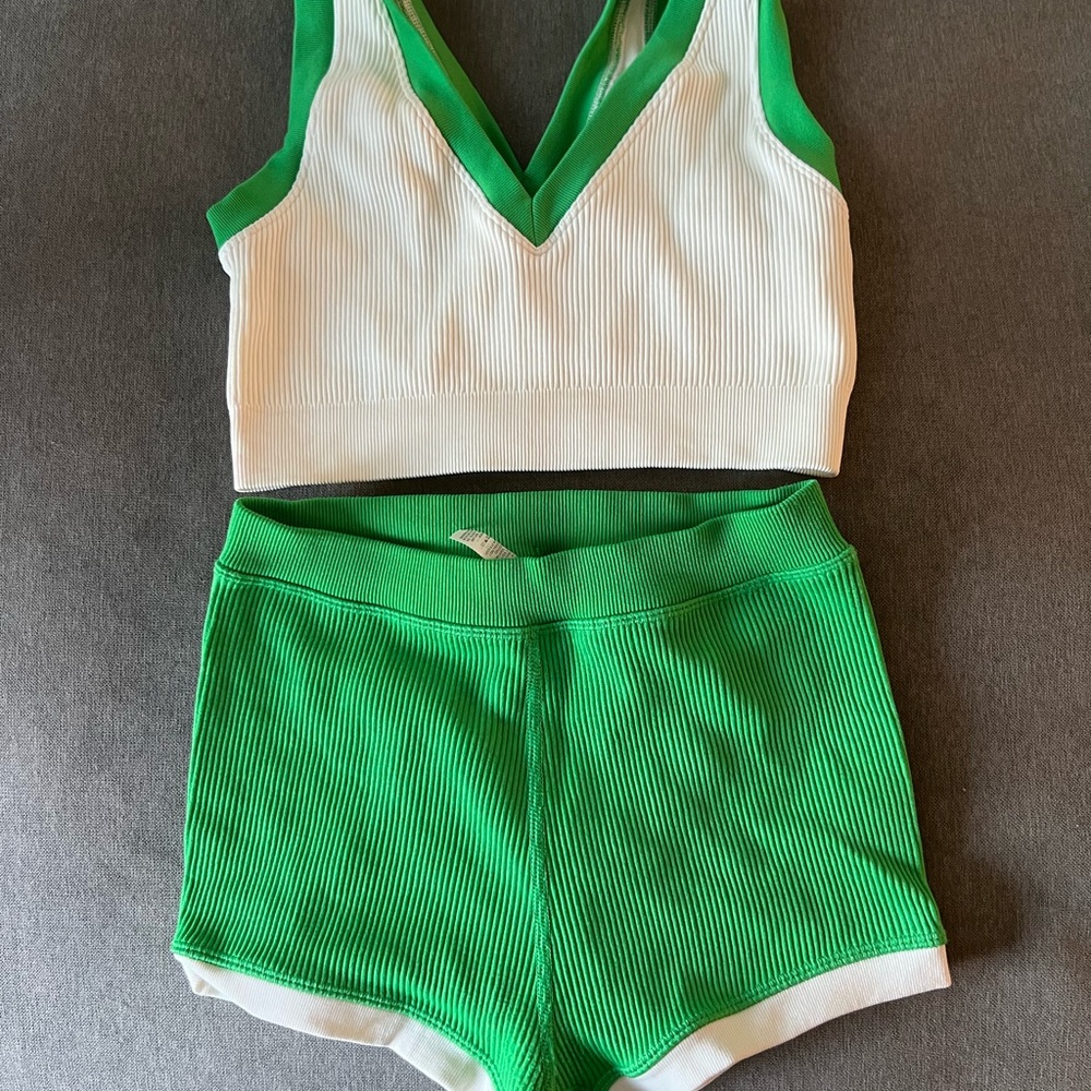 Aerie Green and White Ribbed Tank and Shorts Set